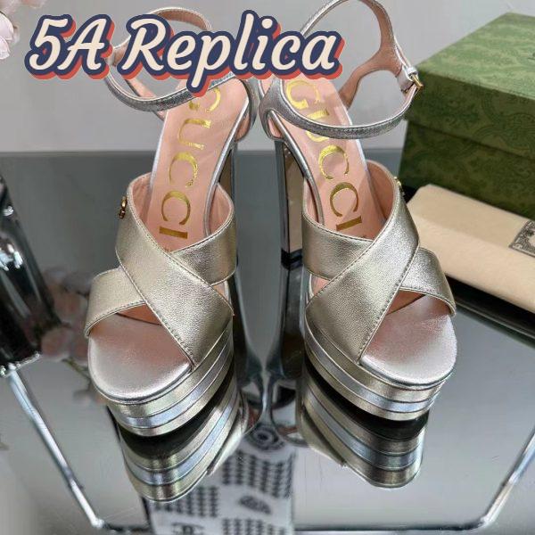 Replica Gucci Women GG Horsebit Platform Sandal Gold Silver Metallic Leather High 13 CM Heel 4