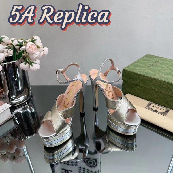 Replica Gucci Women GG Horsebit Platform Sandal Gold Silver Metallic Leather High 13 CM Heel 5