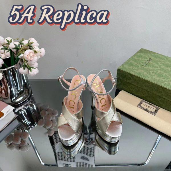 Replica Gucci Women GG Horsebit Platform Sandal Gold Silver Metallic Leather High 13 CM Heel 6