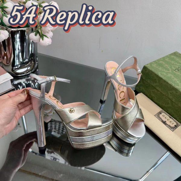 Replica Gucci Women GG Horsebit Platform Sandal Gold Silver Metallic Leather High 13 CM Heel 8