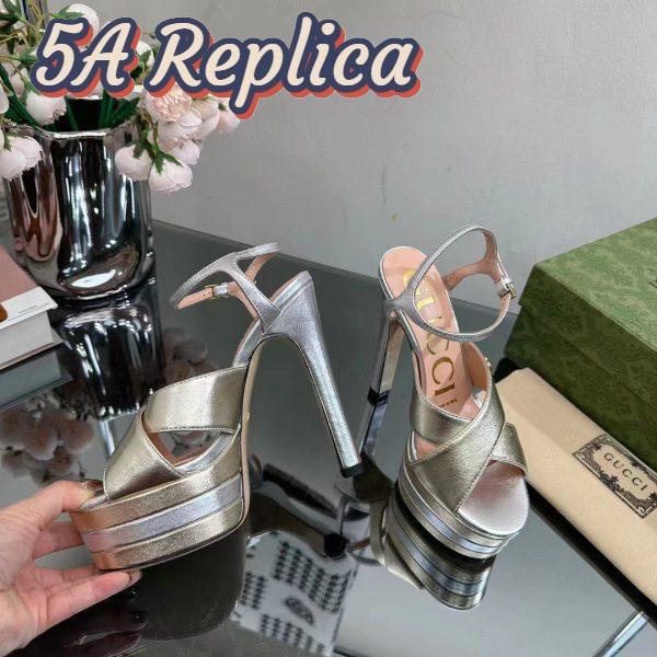 Replica Gucci Women GG Horsebit Platform Sandal Gold Silver Metallic Leather High 13 CM Heel 9