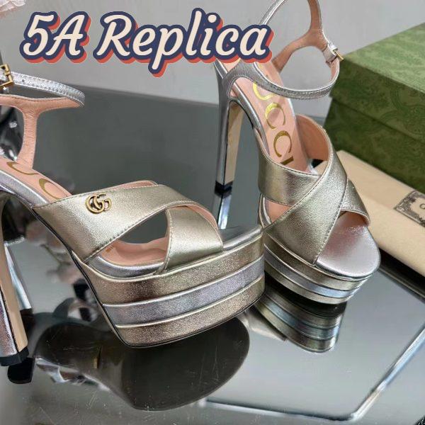 Replica Gucci Women GG Horsebit Platform Sandal Gold Silver Metallic Leather High 13 CM Heel 10