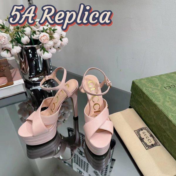 Replica Gucci Women GG Horsebit Platform Sandal Light Pink Leather High 13 CM Heel 6