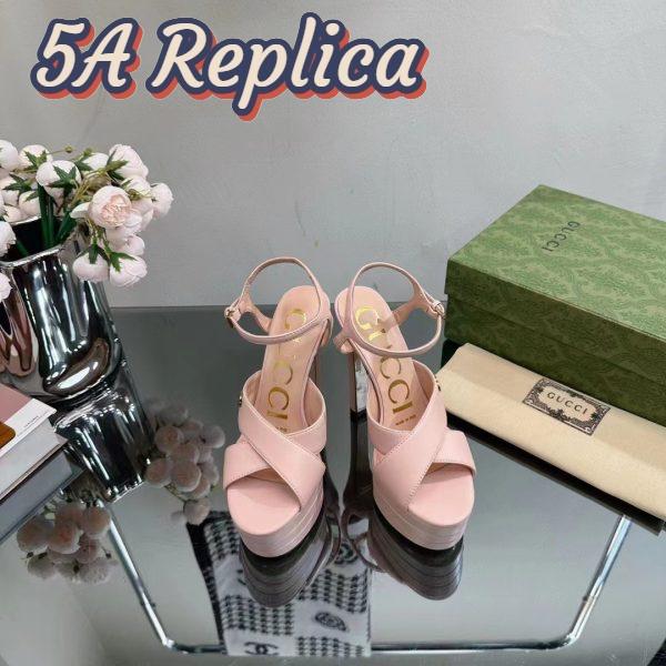 Replica Gucci Women GG Horsebit Platform Sandal Light Pink Leather High 13 CM Heel 9