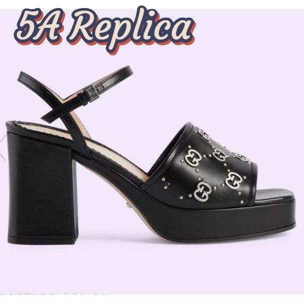 Replica Gucci Women GG Interlocking G Studs Sandal Black Leather Mid 8 Cm Heel