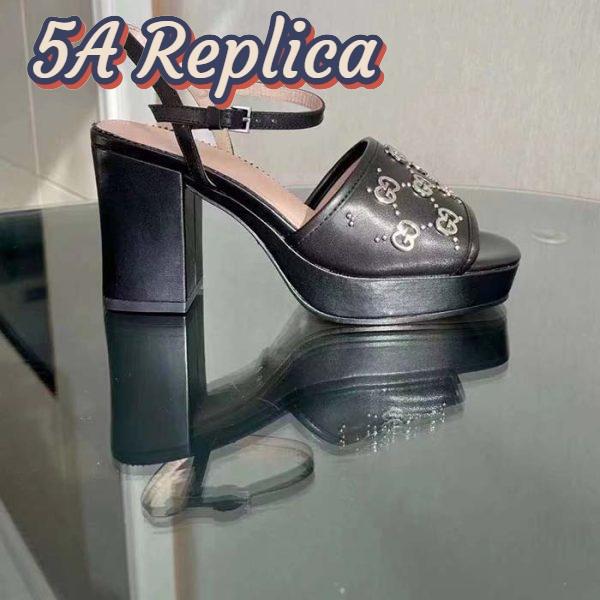 Replica Gucci Women GG Interlocking G Studs Sandal Black Leather Mid 8 Cm Heel 3