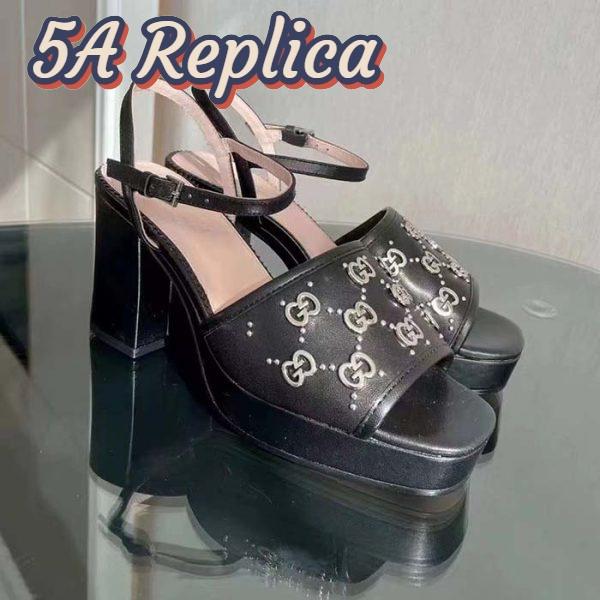 Replica Gucci Women GG Interlocking G Studs Sandal Black Leather Mid 8 Cm Heel 4