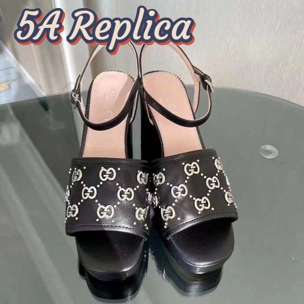 Replica Gucci Women GG Interlocking G Studs Sandal Black Leather Mid 8 Cm Heel 5
