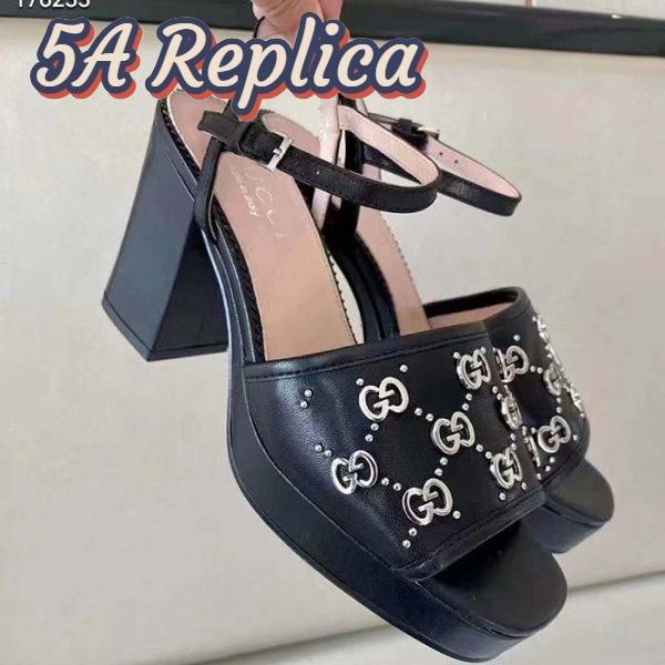 Replica Gucci Women GG Interlocking G Studs Sandal Black Leather Mid 8 Cm Heel 7