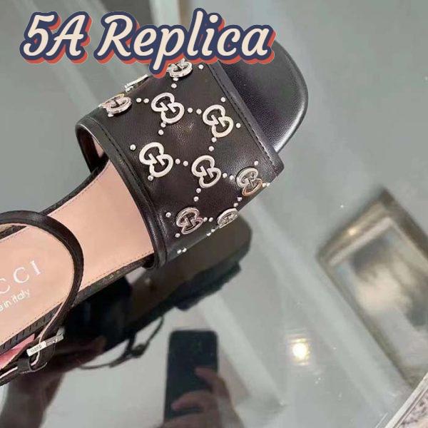 Replica Gucci Women GG Interlocking G Studs Sandal Black Leather Mid 8 Cm Heel 9