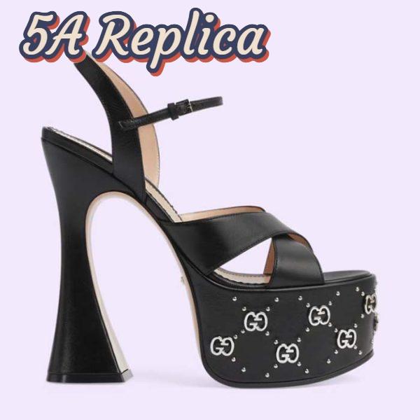 Replica Gucci Women GG Interlocking G Studs Sandal Black Leather Spool High 15 Cm Heel 2