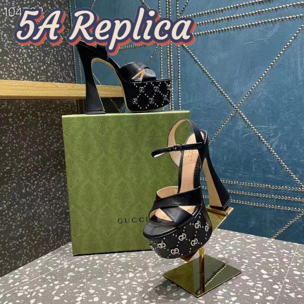 Replica Gucci Women GG Interlocking G Studs Sandal Black Leather Spool High 15 Cm Heel 6