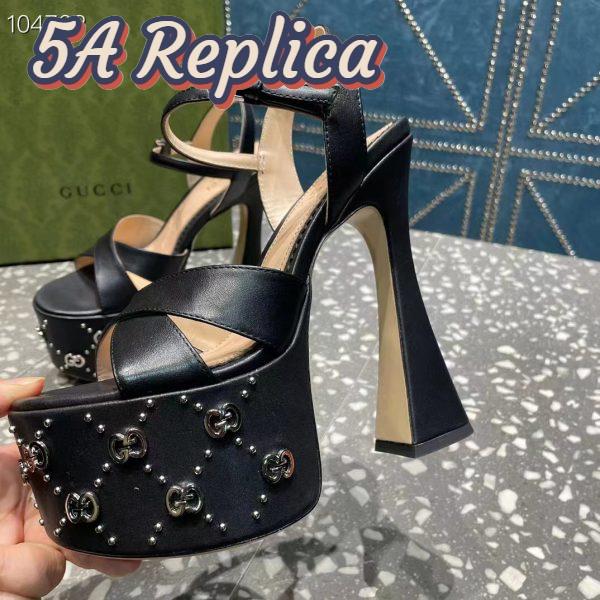 Replica Gucci Women GG Interlocking G Studs Sandal Black Leather Spool High 15 Cm Heel 9