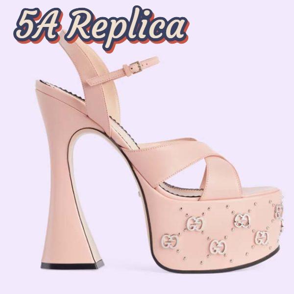 Replica Gucci Women GG Interlocking G Studs Sandal Pink Leather Spool High 15 Cm Heel