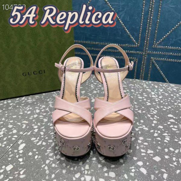 Replica Gucci Women GG Interlocking G Studs Sandal Pink Leather Spool High 15 Cm Heel 6