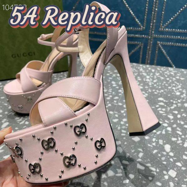 Replica Gucci Women GG Interlocking G Studs Sandal Pink Leather Spool High 15 Cm Heel 9