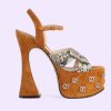 Replica Gucci Women GG Interlocking G Studs Sandal Python Print Leather Camel Suede 15 Cm Heel