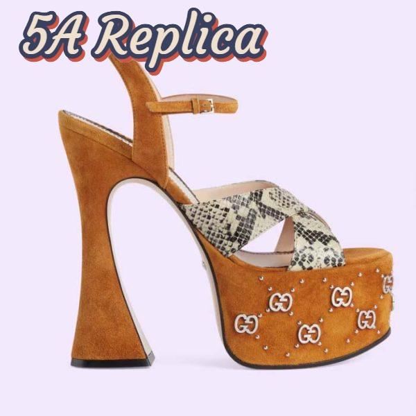 Replica Gucci Women GG Interlocking G Studs Sandal Python Print Leather Camel Suede 15 Cm Heel