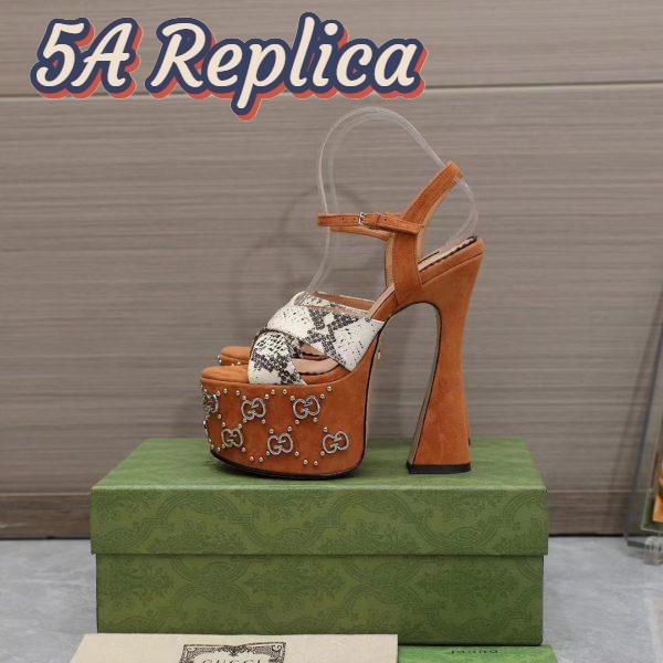 Replica Gucci Women GG Interlocking G Studs Sandal Python Print Leather Camel Suede 15 Cm Heel 4