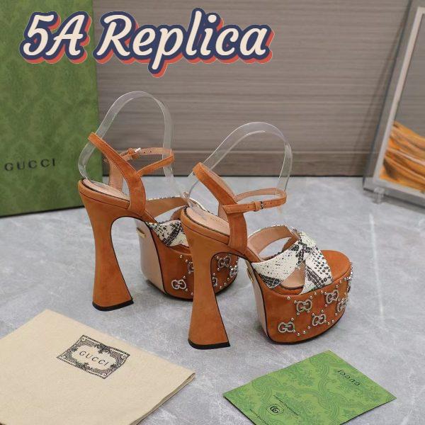 Replica Gucci Women GG Interlocking G Studs Sandal Python Print Leather Camel Suede 15 Cm Heel 6