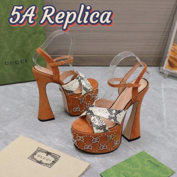 Replica Gucci Women GG Interlocking G Studs Sandal Python Print Leather Camel Suede 15 Cm Heel 7