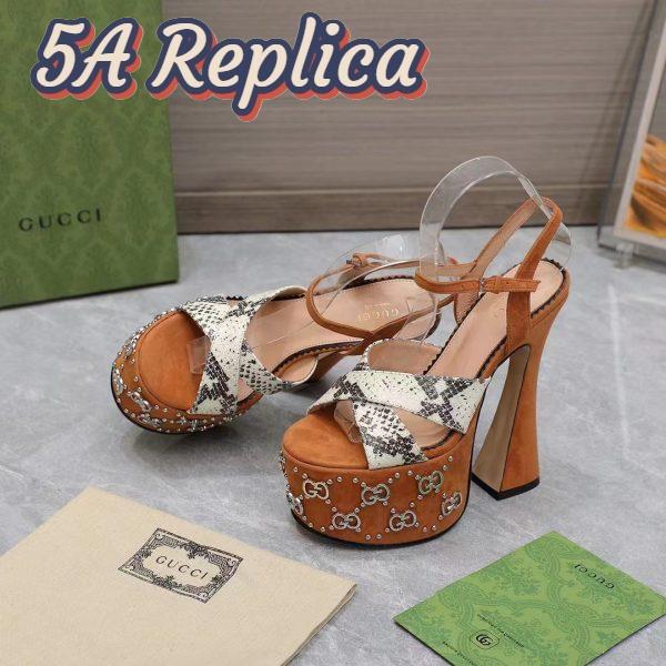Replica Gucci Women GG Interlocking G Studs Sandal Python Print Leather Camel Suede 15 Cm Heel 8