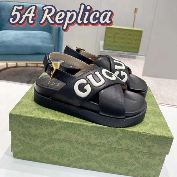 Replica Gucci Unisex GG Sandal Black White Leather Script Rubber Buckle Flat 4