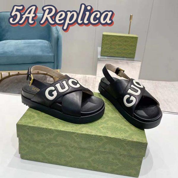 Replica Gucci Unisex GG Sandal Black White Leather Script Rubber Buckle Flat 5