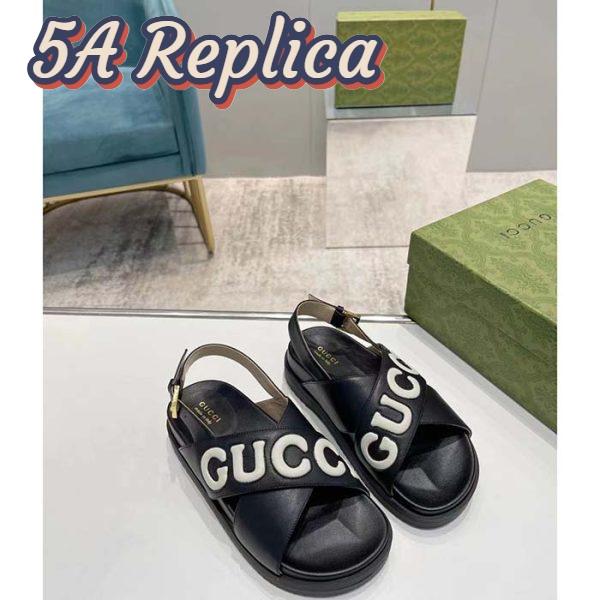 Replica Gucci Unisex GG Sandal Black White Leather Script Rubber Buckle Flat 6