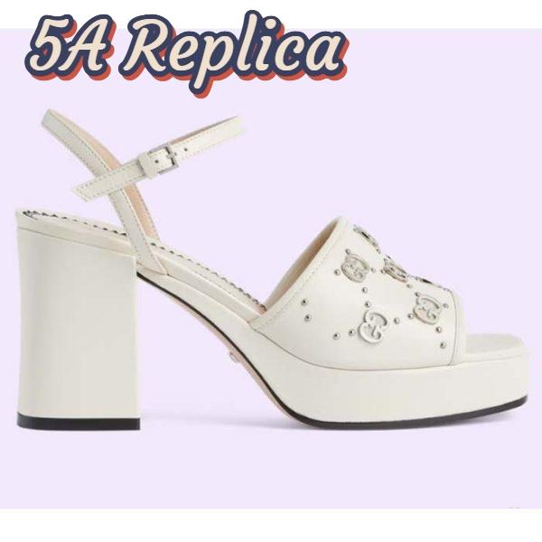 Replica Gucci Women GG Interlocking G Studs Sandal White Leather Mid 8 Cm Heel