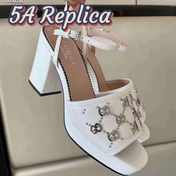 Replica Gucci Women GG Interlocking G Studs Sandal White Leather Mid 8 Cm Heel 4