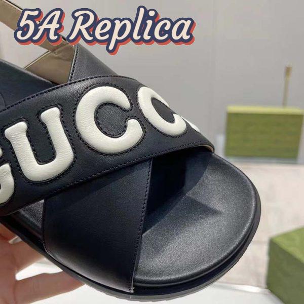 Replica Gucci Unisex GG Sandal Black White Leather Script Rubber Buckle Flat 11