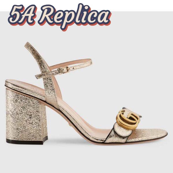 Replica Gucci Women GG Metallic Laminate Leather Mid-Heel Sandal Double G 8 Cm Heel