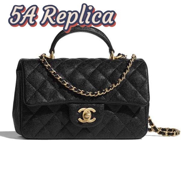 Replica Chanel Women Mini Flap Bag with Top Handle Grained Calfskin Gold Tone Metal Black