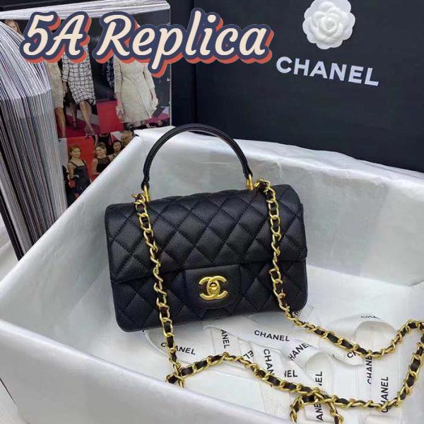 Replica Chanel Women Mini Flap Bag with Top Handle Grained Calfskin Gold Tone Metal Black 3