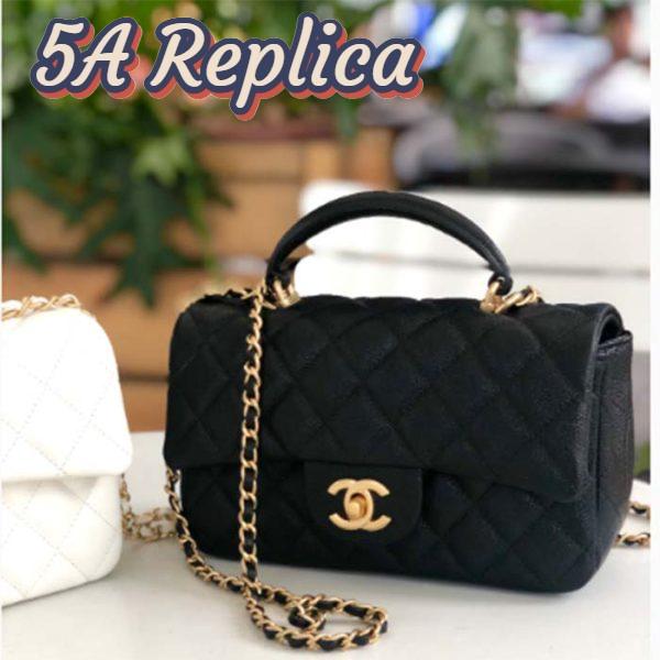 Replica Chanel Women Mini Flap Bag with Top Handle Grained Calfskin Gold Tone Metal Black 4