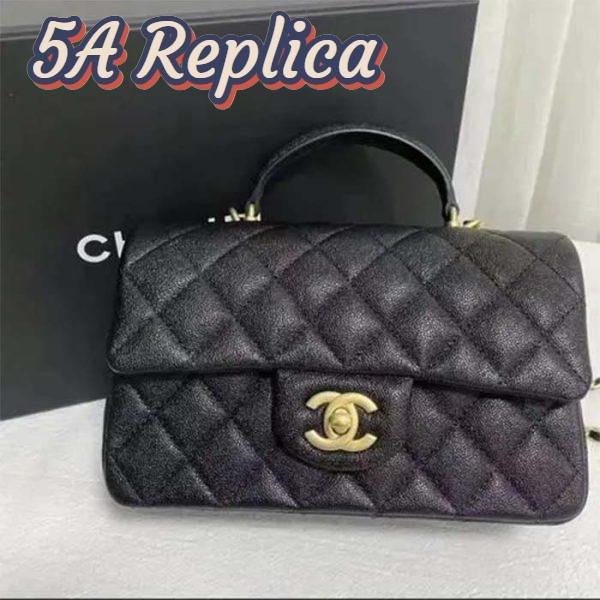 Replica Chanel Women Mini Flap Bag with Top Handle Grained Calfskin Gold Tone Metal Black 6