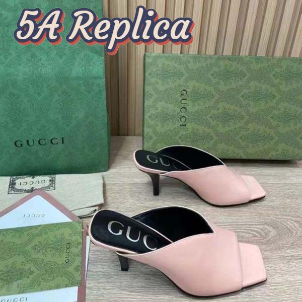 Replica Gucci Women GG Mid-Heel Open Toe Pump Light Pink Leather Square Toe 3