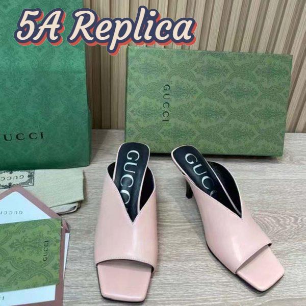 Replica Gucci Women GG Mid-Heel Open Toe Pump Light Pink Leather Square Toe 5