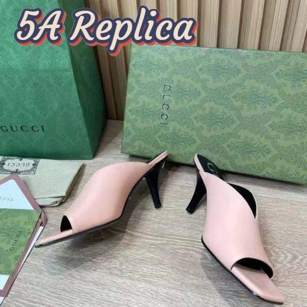 Replica Gucci Women GG Mid-Heel Open Toe Pump Light Pink Leather Square Toe 7