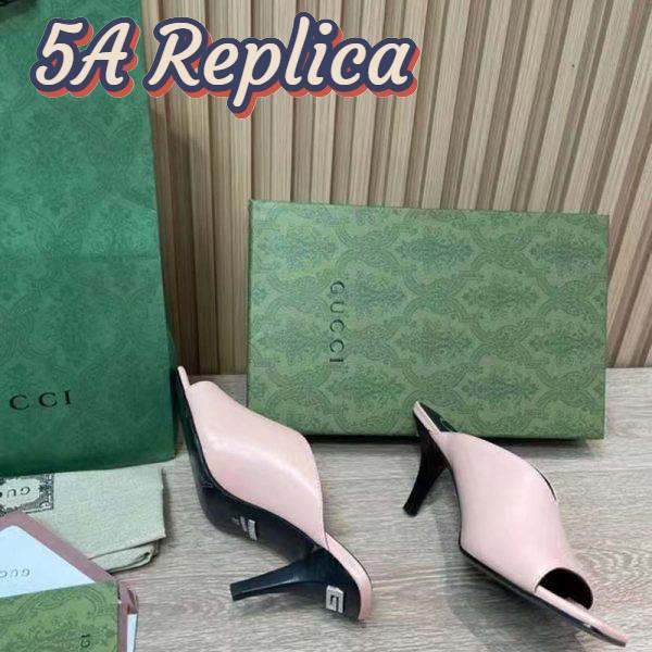 Replica Gucci Women GG Mid-Heel Open Toe Pump Light Pink Leather Square Toe 8