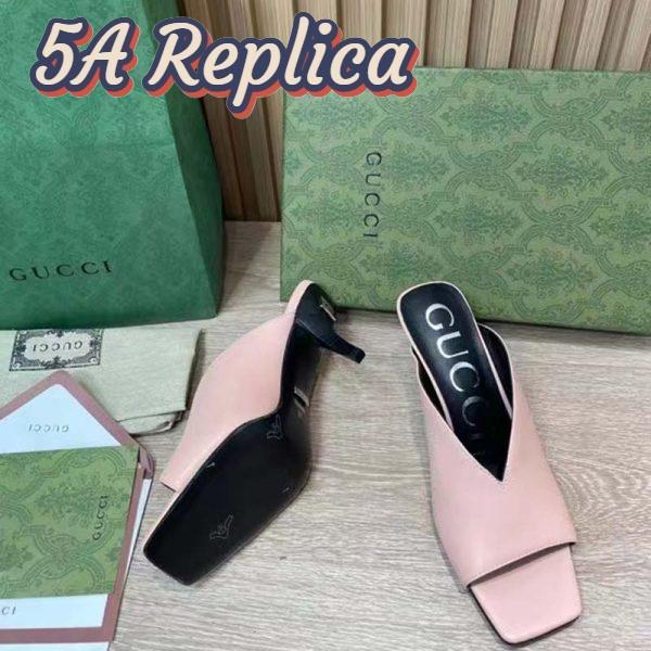 Replica Gucci Women GG Mid-Heel Open Toe Pump Light Pink Leather Square Toe 9