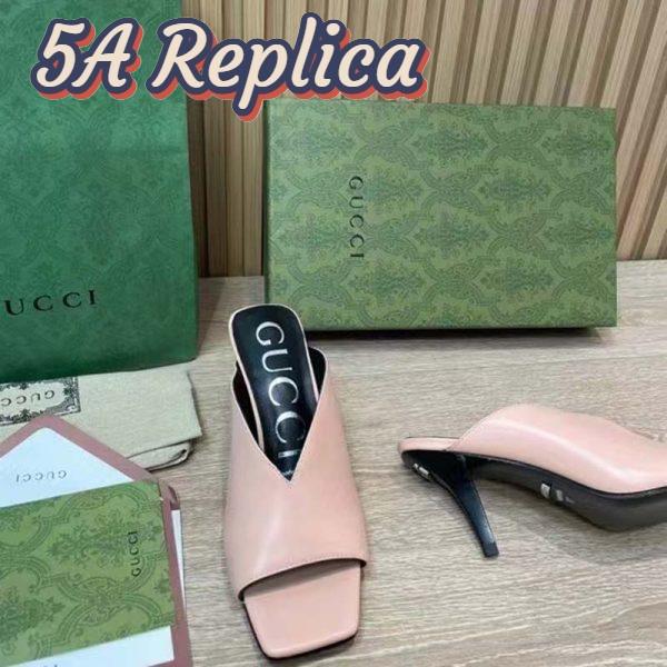 Replica Gucci Women GG Mid-Heel Open Toe Pump Light Pink Leather Square Toe 10