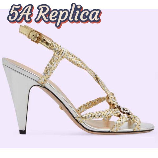 Replica Gucci Women GG Nojum High Heel Sandal Metallic Platinum Silver Braided Leather 9 CM