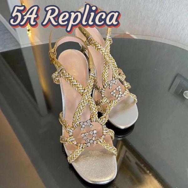 Replica Gucci Women GG Nojum High Heel Sandal Metallic Platinum Silver Braided Leather 9 CM 5