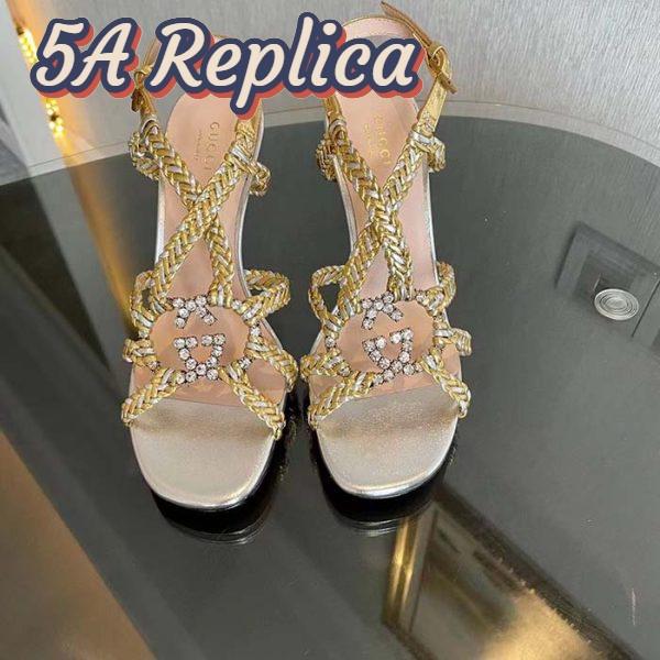 Replica Gucci Women GG Nojum High Heel Sandal Metallic Platinum Silver Braided Leather 9 CM 6