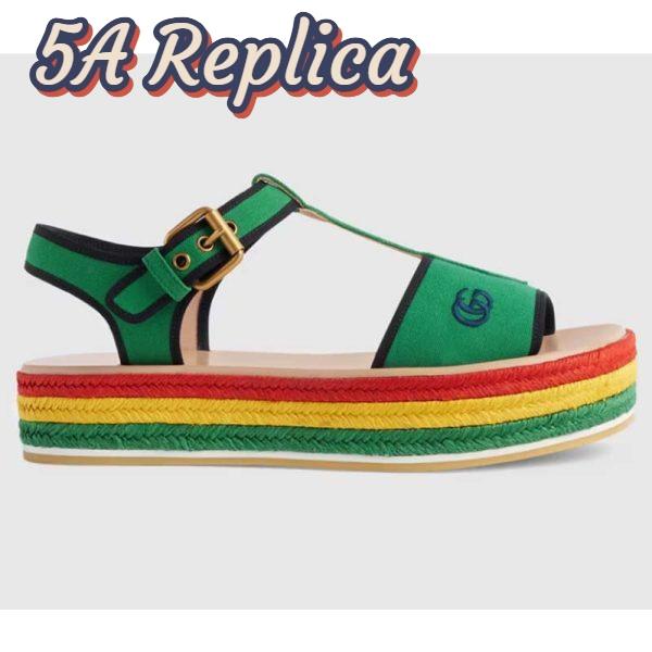 Replica Gucci Women GG Platform Sandals Green Cotton Double G Embroidery 4 Cm Heel 2