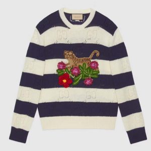 Replica Gucci GG Men Gucci Tiger Wool Sweater Embroidery Tiger Flower Crewneck 2