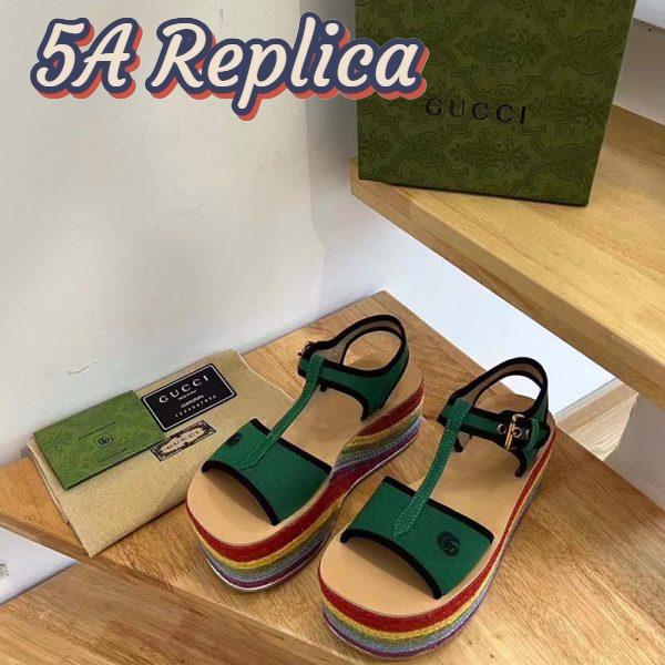 Replica Gucci Women GG Platform Sandals Green Cotton Double G Embroidery 4 Cm Heel 4