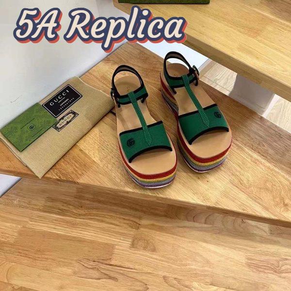 Replica Gucci Women GG Platform Sandals Green Cotton Double G Embroidery 4 Cm Heel 6